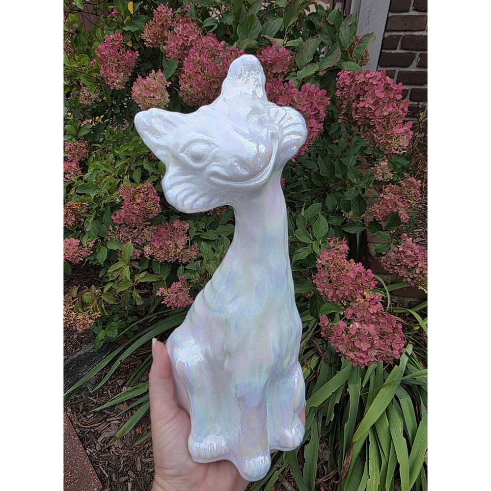 Fenton Pearl White Irridescent Carnival Glass Winking Alley Cat 11" Mosser USA